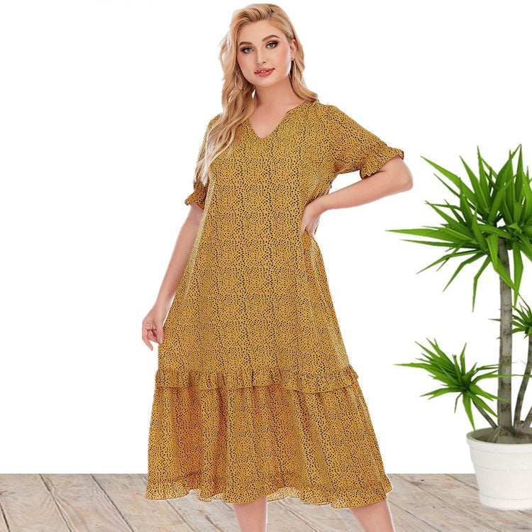 Summer Short Sleeves Loose Yellow Plus Size Dresses-Maxi Dresses-Yellow-XL-US 14-Free Shipping at meselling99