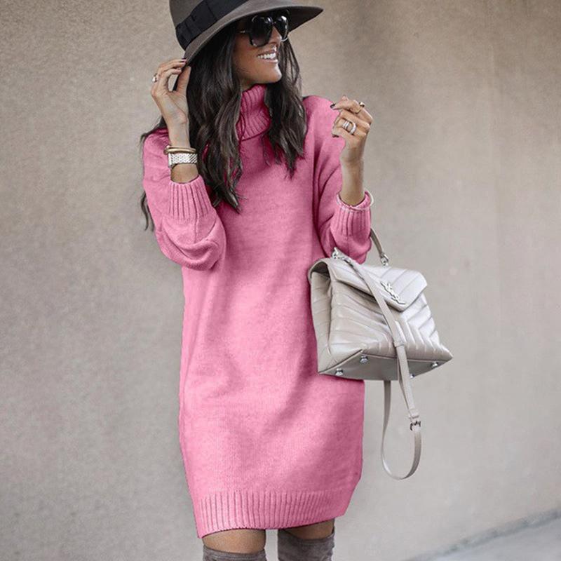 Fashion Turtleneck Knitting Long Sweaters-Mini Dresses-Pink-S-Free Shipping at meselling99