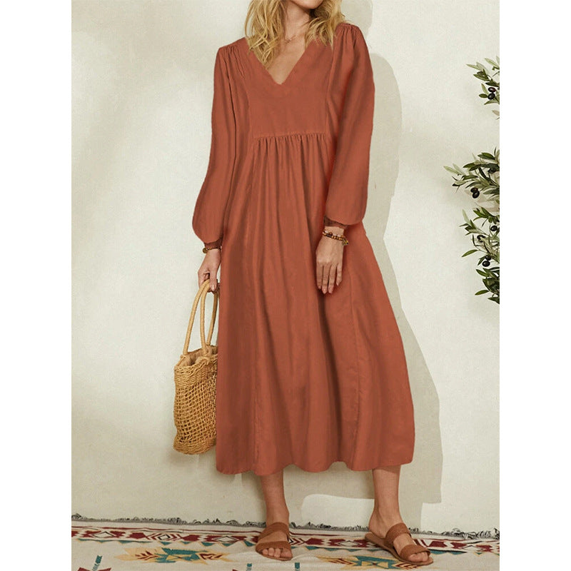 Leisure Cotton Long Sleeves Day Dresses-Maxi Dresses-Orange-M-Free Shipping at meselling99