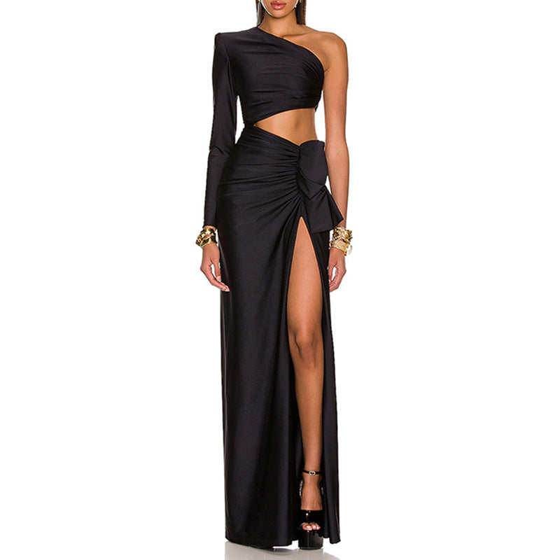 Sexy One Shoulder Waist Baring Black Evening Party Dresses-Dresses-Black-XS-Free Shipping at meselling99