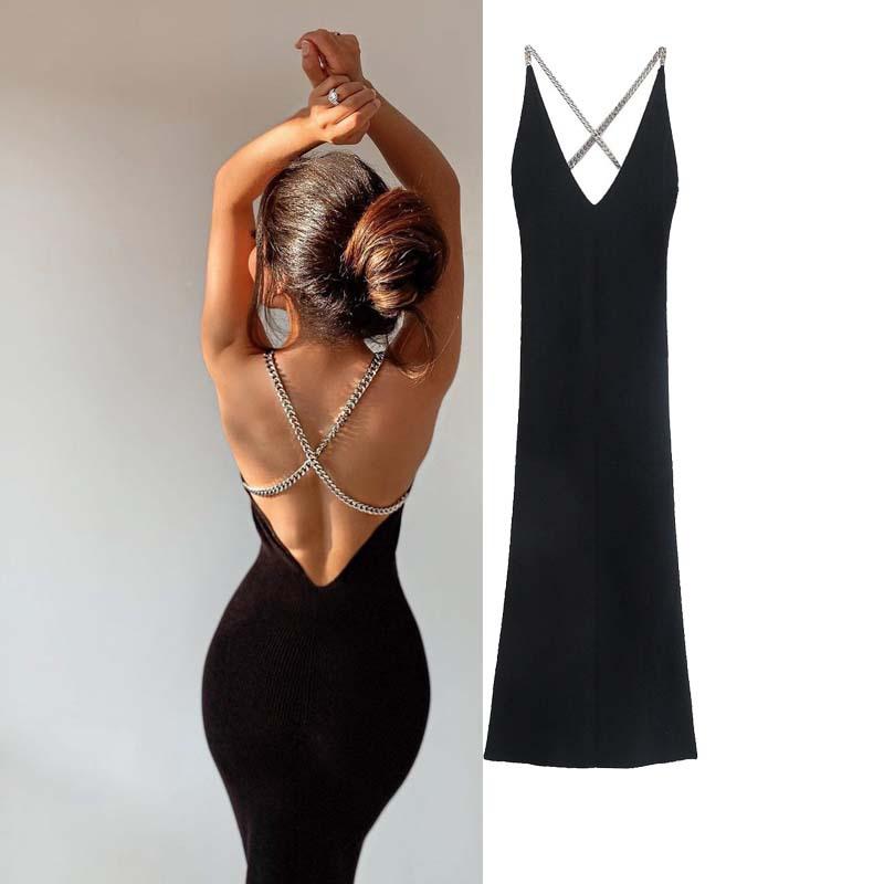 Sexy Black Backless Knitted Crossed Chains Women Dresses-Dresses-Free Shipping at meselling99