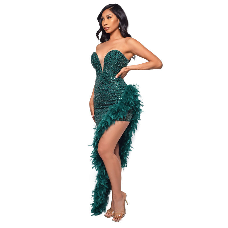Gorgeous Strapless Feather Decoration Evening Party Dresses-Party Dresses-Free Shipping at meselling99