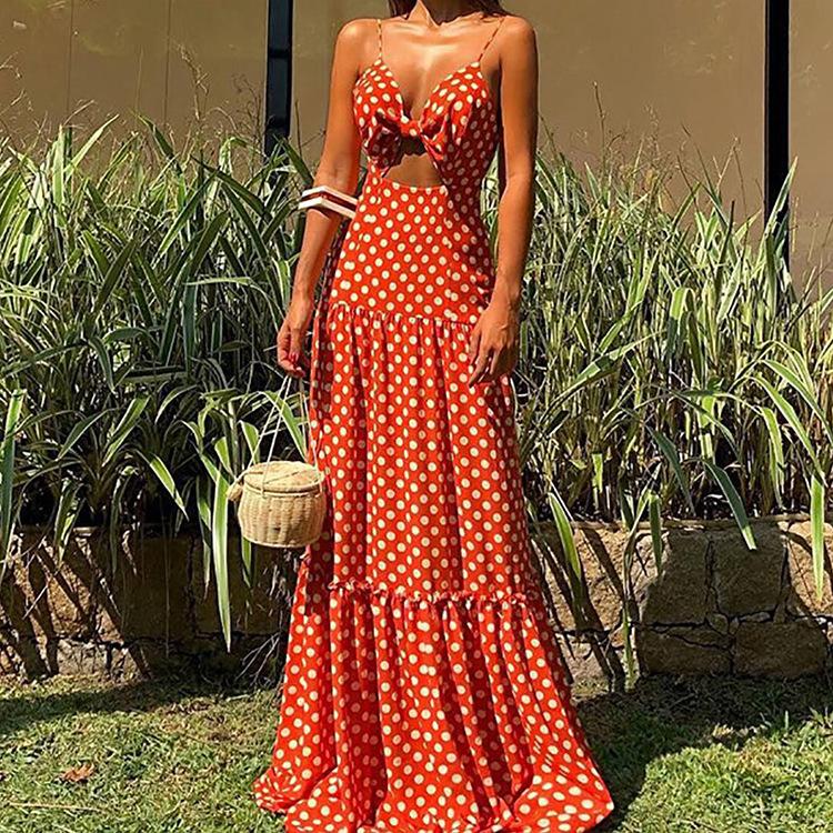 Summer Beach Bohemia Dot Print Red Long Maxi Dresses-Maxi Dresses-The same as picture-S-Free Shipping at meselling99