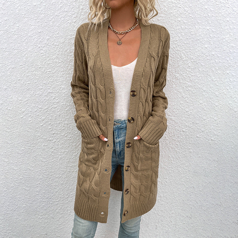 Casual Twist Design Long Cardigan Sweaters for Women-Coats & Jackets-Khaki-S-Free Shipping at meselling99