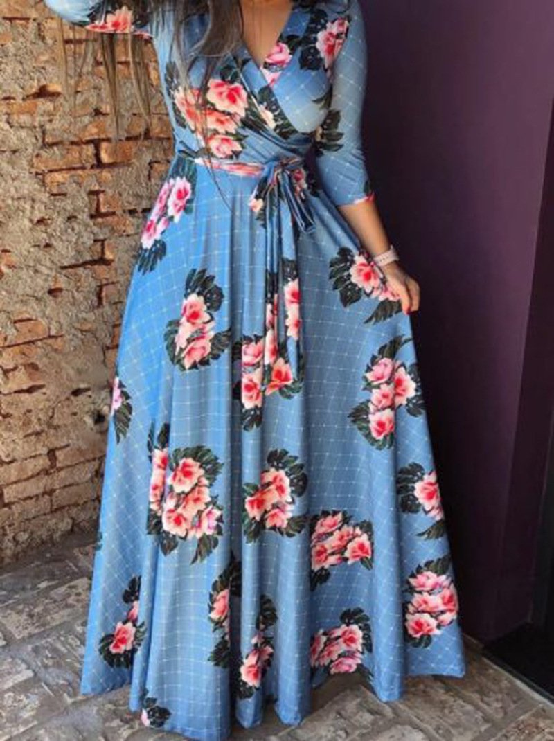 Plus Sizes Floral Women Autumn Party Dresses-Dresses-Blue-S-Free Shipping at meselling99