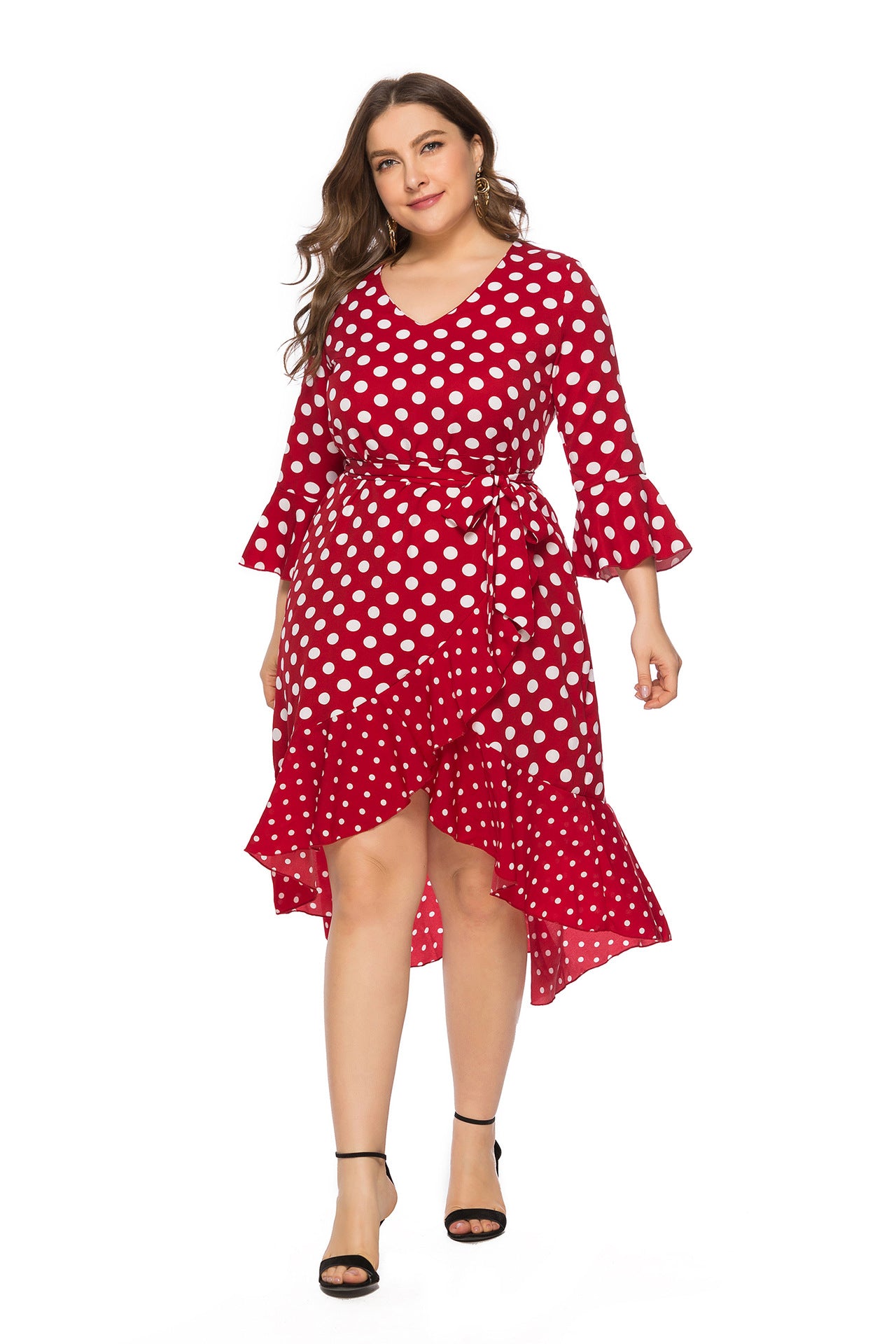 Summer Polk Dot Print Plus Sizes Dresses-Plus Size Dresses-Red-XL-US 14-Free Shipping at meselling99