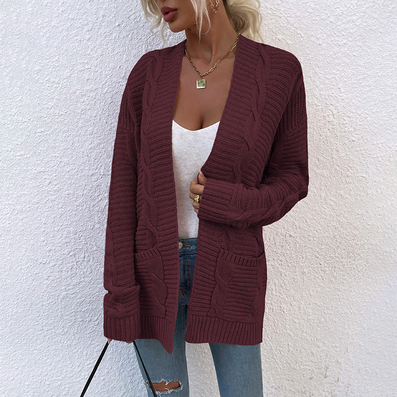 Fashion Twist Knitted Cardigan Coats-Shirts & Tops-Wine Red-S-Free Shipping at meselling99