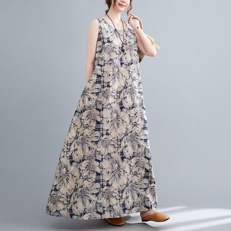 Vintage Linen Sleeveless Vest Women Long Dresses-Dresses-Blue-1-M-Free Shipping at meselling99