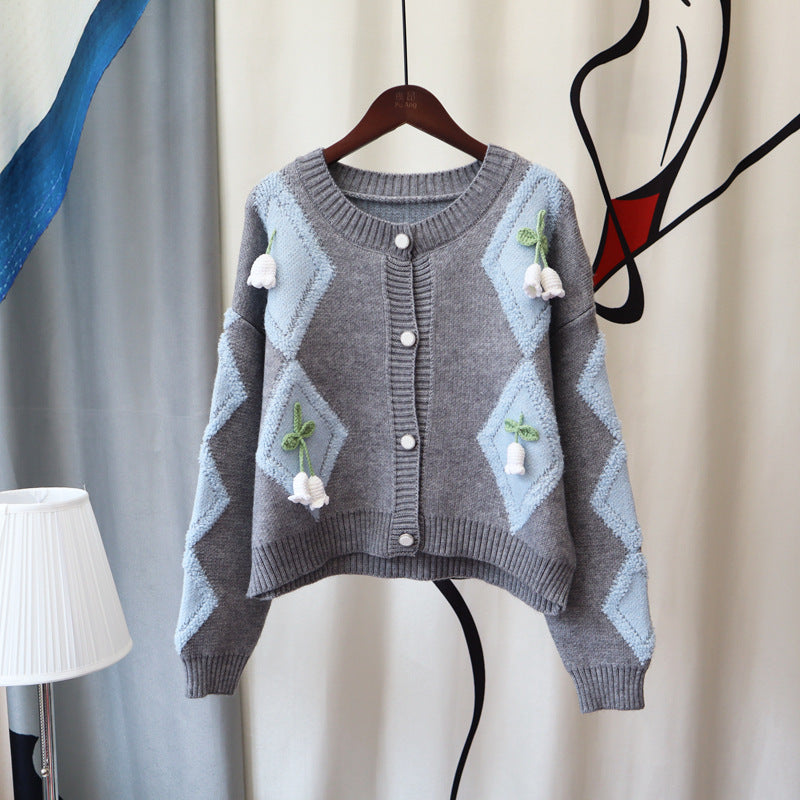 Lovely 3d Flowers Design Knitting Overcoats-Shirts & Tops-Grey-One Size-Free Shipping at meselling99