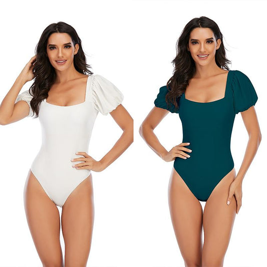 Women Square Neckline Short Sleeves One Piece Swimsuit--Free Shipping at meselling99