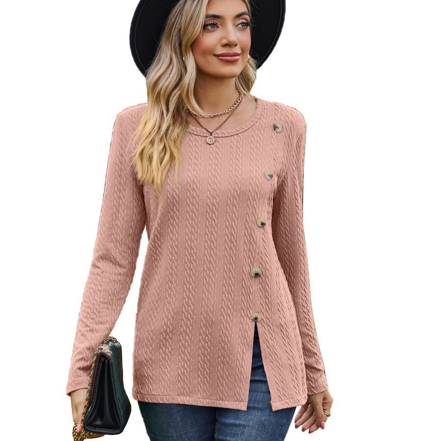 Fashion Round Neckline Button Long Sleeves Shirts-Shirts & Tops-Free Shipping at meselling99