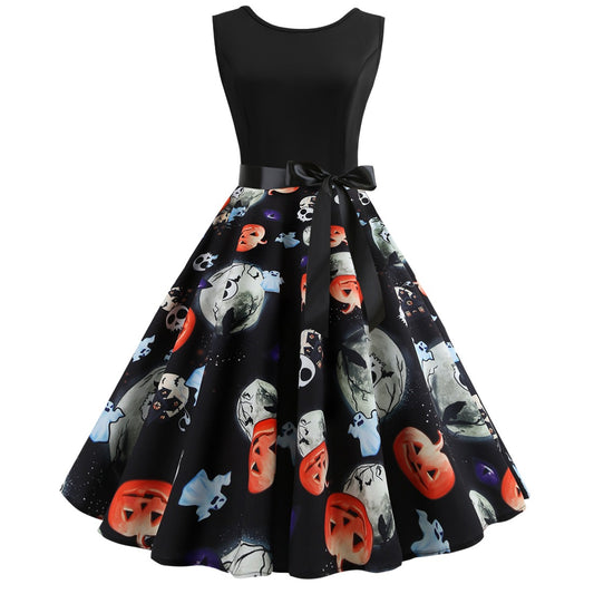 Vintage Pumpkin Skeleton Print Dresses-Vintage Dresses-Black-S-Free Shipping at meselling99