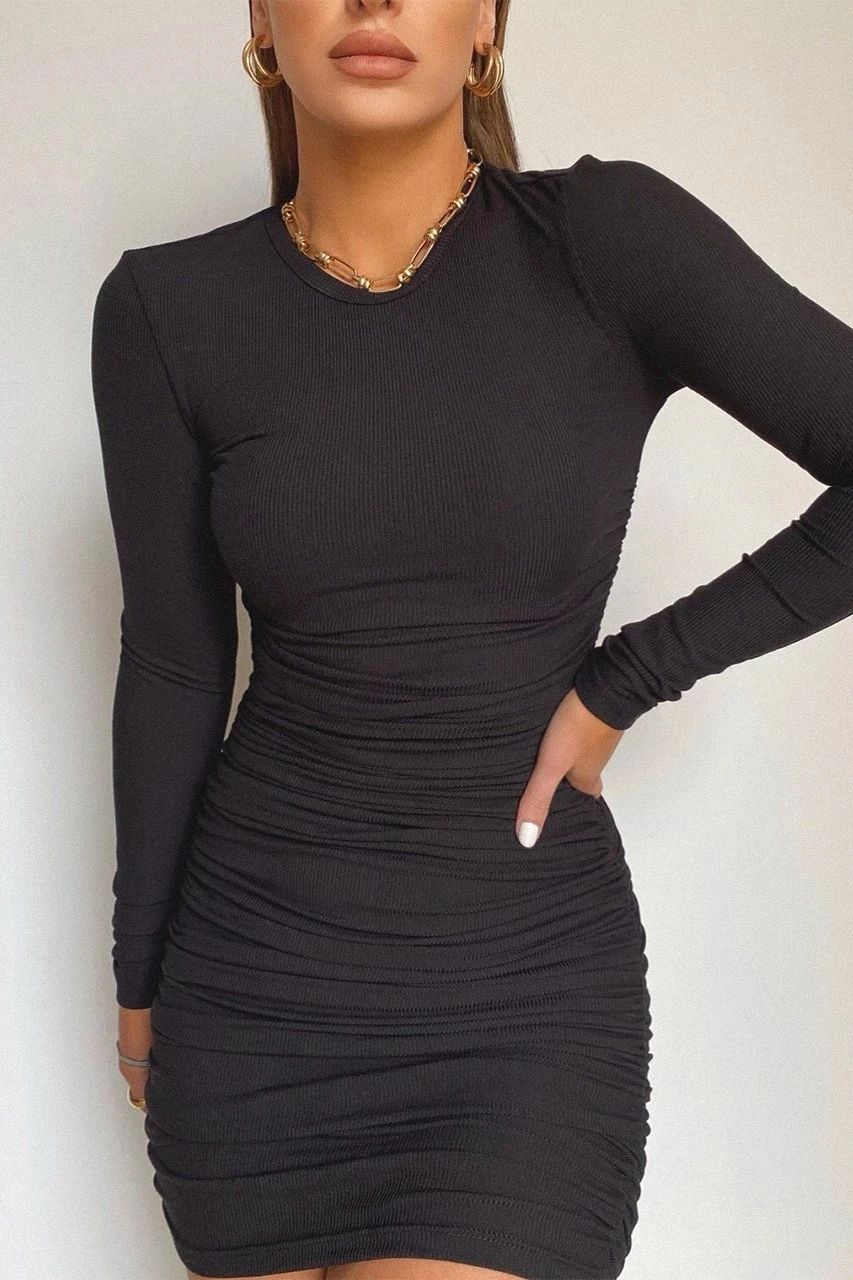 Sexy Round Neck Long Sleeves Bodycon Fall Dresses-Sexy Dresses-Black-S-Free Shipping at meselling99