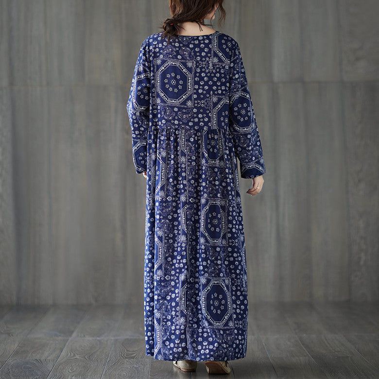 Vintage Plus Sizes Long Sleeves Blue Fall Dresses-Dresses-Free Shipping at meselling99