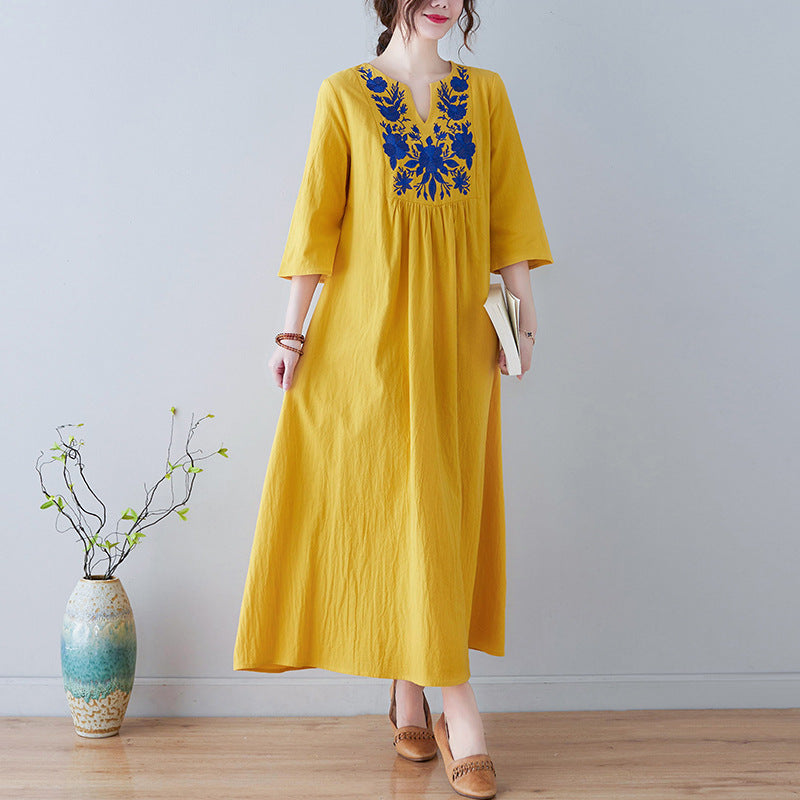 Bohemian Linen Summer Long Dresses-Dresses-Yellow-M-Free Shipping at meselling99