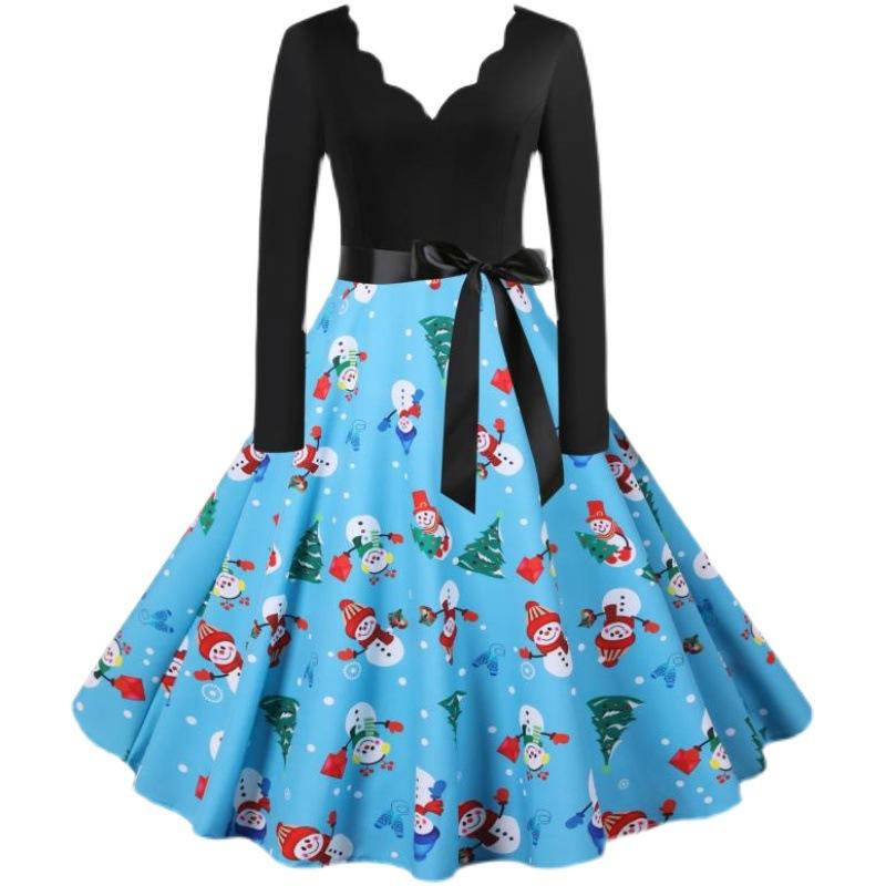 Blue Long Sleeves Snowman Christmas Dresses-Dresses-Free Shipping at meselling99