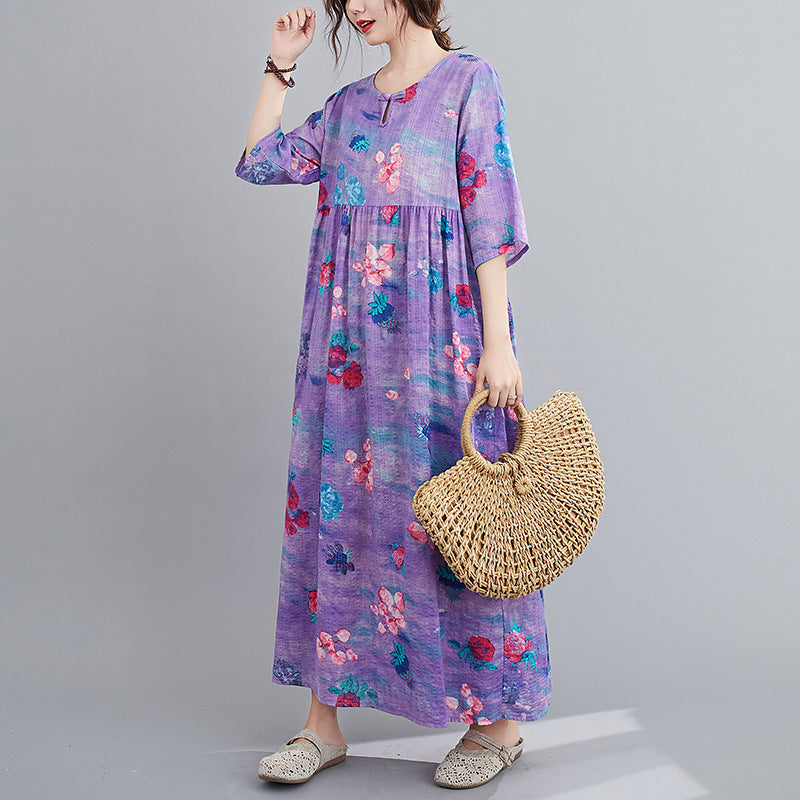 Ethinc Line Summer Half Sleeves Women Long Dresses-Dresses-Purple（858）-M-Free Shipping at meselling99