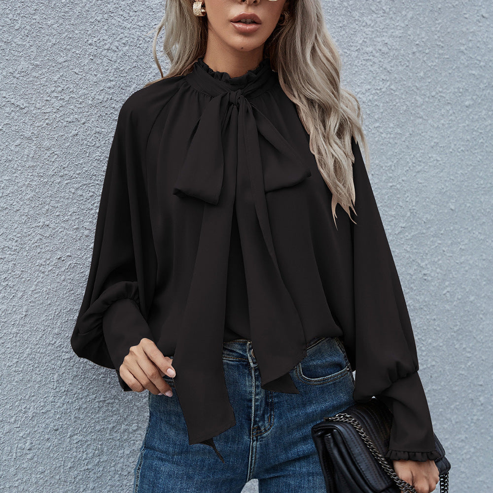 Casual High Neck Long Sleeves Blouses-Shirts & Tops-Black-S-Free Shipping at meselling99