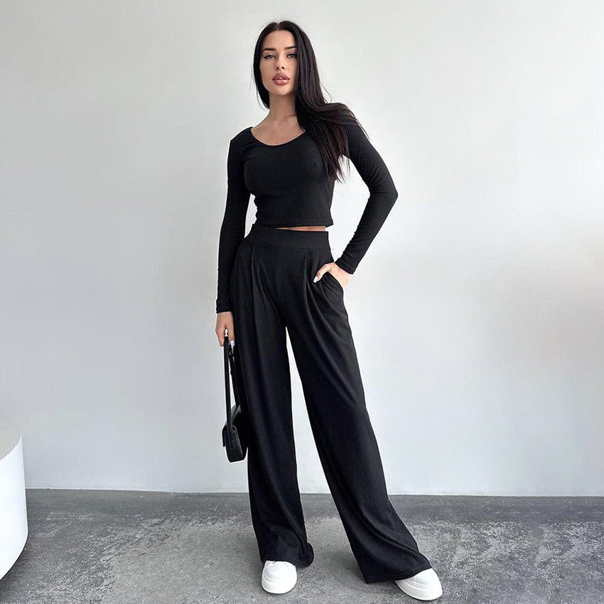 Casual Two Pieces Long Sleeves Tops & Pants-Suits-Black-S-Free Shipping at meselling99