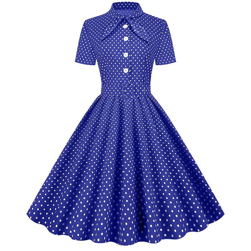 Vintage Polka Dot Short Sleeves Dresses-Dresses-Navy Blue-S-Free Shipping at meselling99