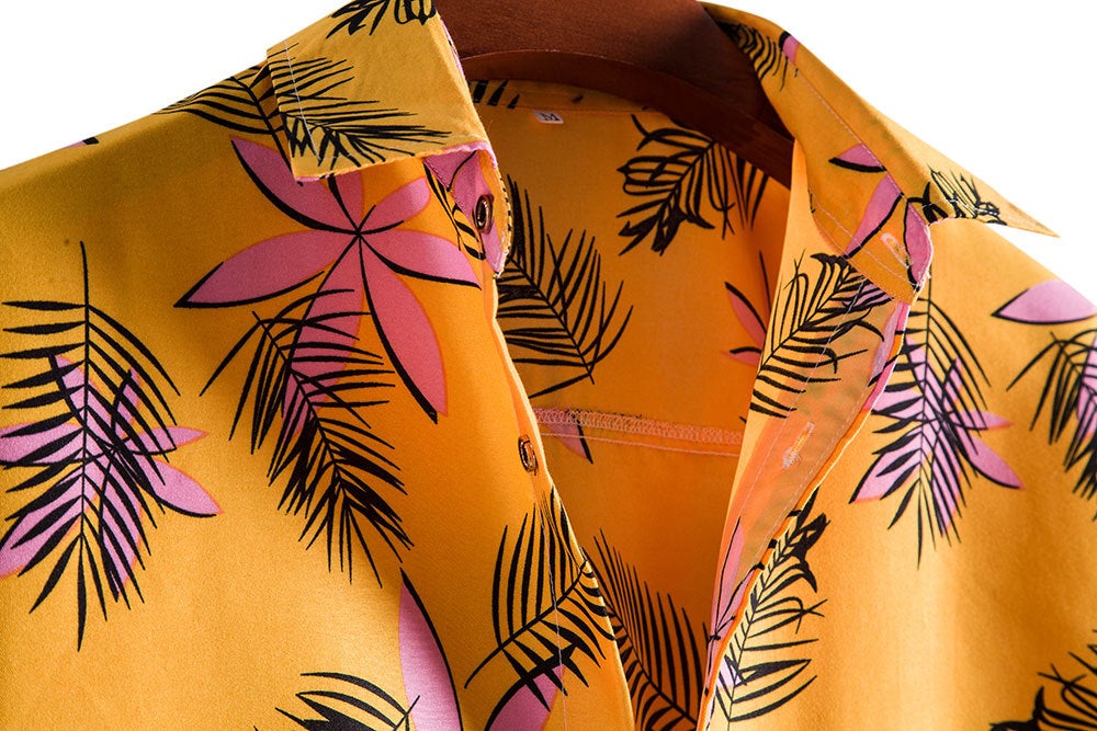 Yellow Floral Print Men's Short Sleeves Shirts-Shirts & Tops-Free Shipping at meselling99