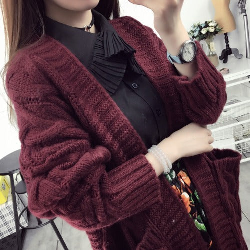 Casual Women Cardigan Knitted Wear-Cardigan Tops-Wine Red-One Size-Free Shipping at meselling99