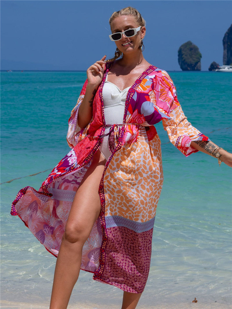 Fashion Floral Print Summer Kimono Beachwear Cover Ups-Leaf Zebra-One Size-Free Shipping at meselling99