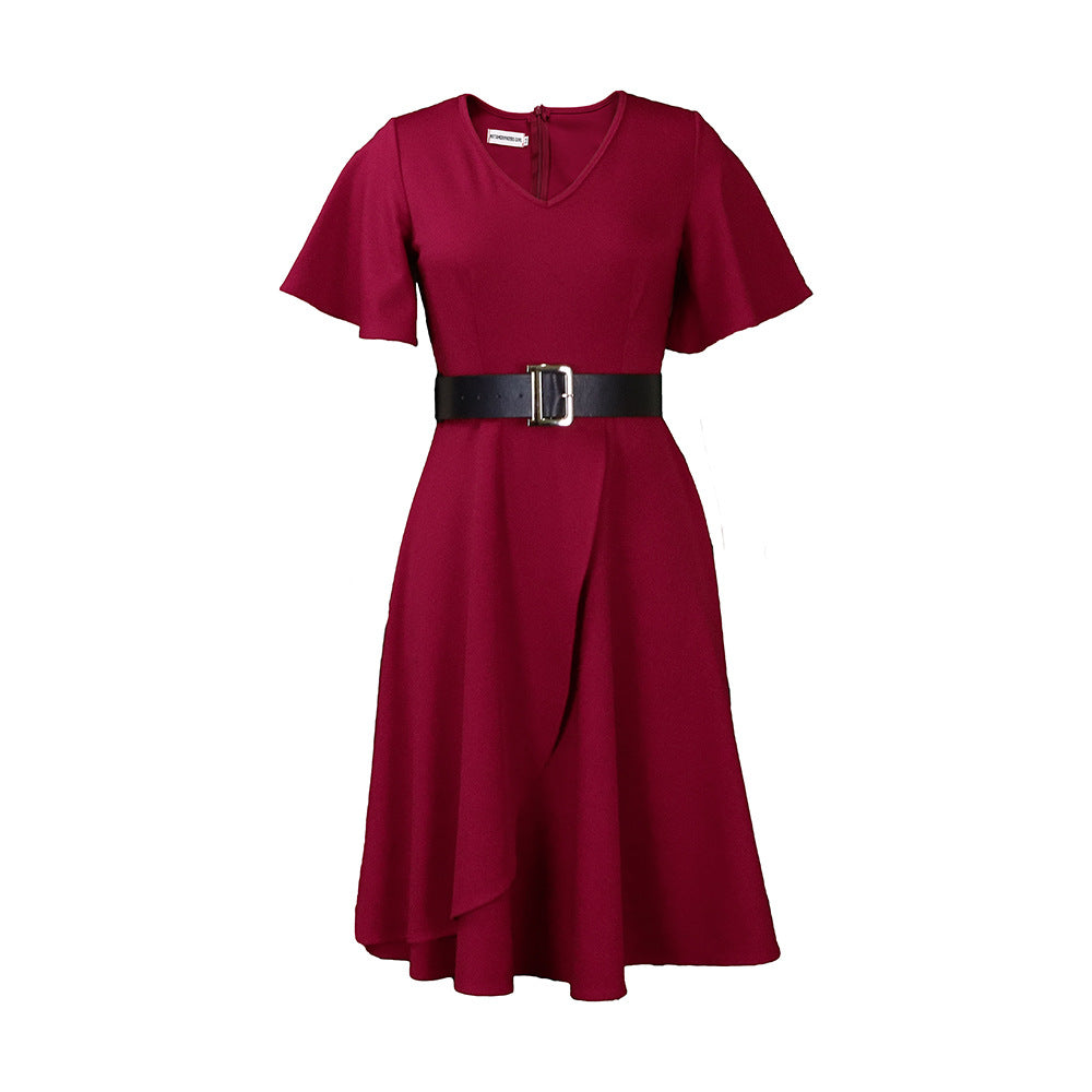 Women Plus Sizes Dresses with Belt-Dresses-Wine Red-S-Free Shipping at meselling99