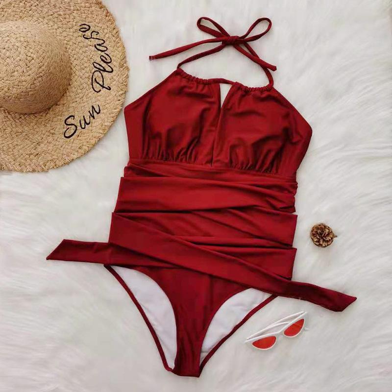 Wine Red Halter Plus Sizes Women One Piece Swimwear-Wine Red-XL-Free Shipping at meselling99