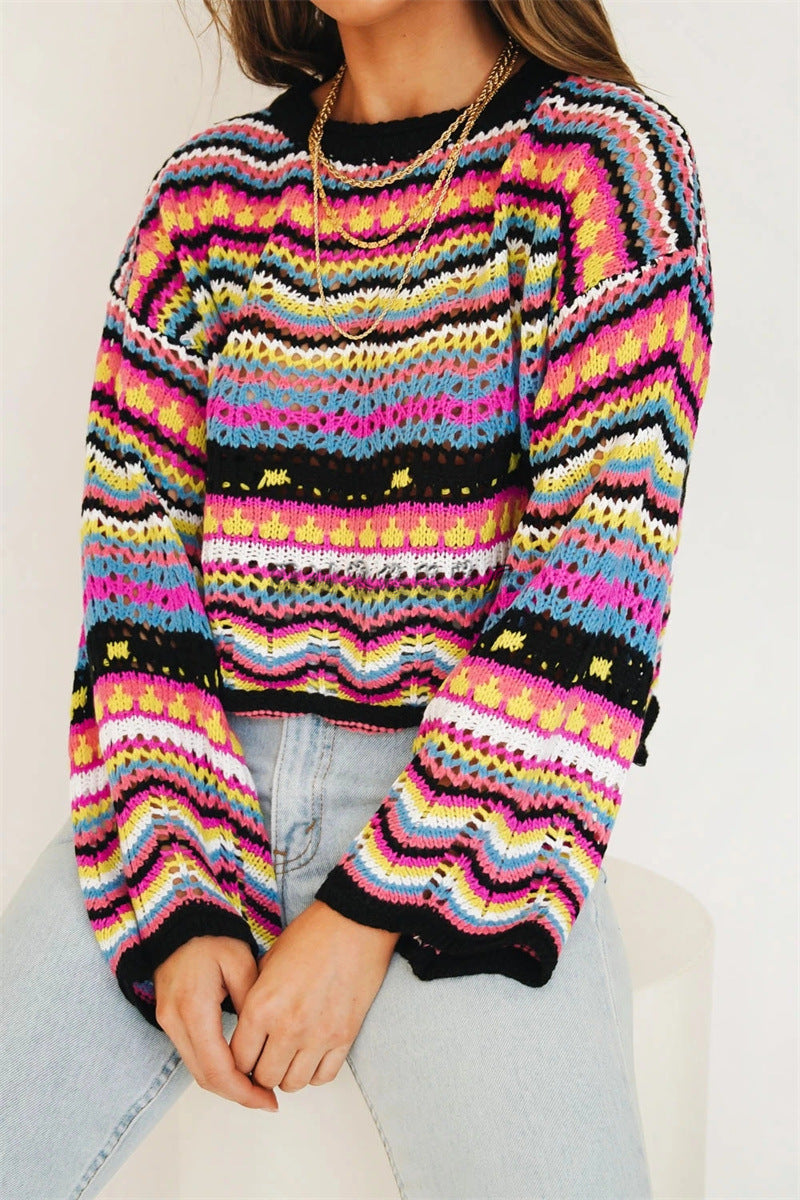 Women Knitting Rainbow Fall Sweaters-Sweaters-Black-S-Free Shipping at meselling99