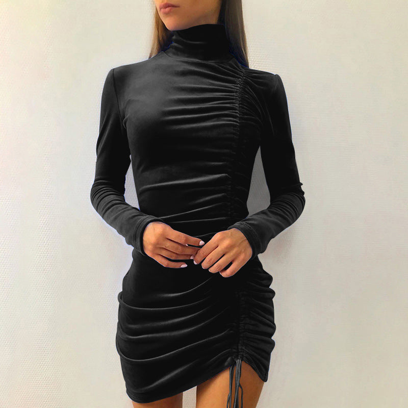 Sexy Drawstring High Neck Bodycon Short Dresses-Sexy Dresses-Black-S-Free Shipping at meselling99