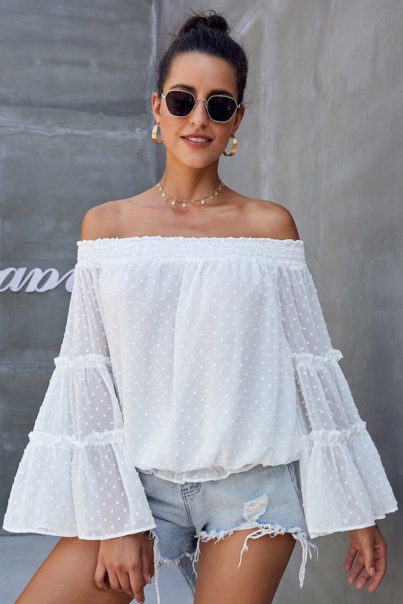 Off The Shoudler Bell Sleeves Chiffon Blouses-White-S-Free Shipping at meselling99