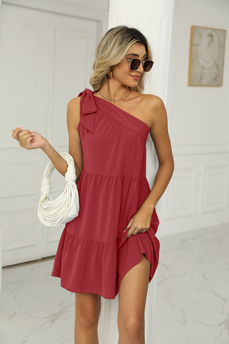 Summer Casual One Shoulder Mini Dresses-Dresses-Red-S-Free Shipping at meselling99