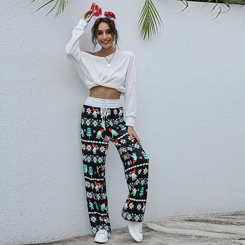 Casual Merry Christmas Wide Legs Pants for Women-Pants-Green Leaf-S-Free Shipping at meselling99
