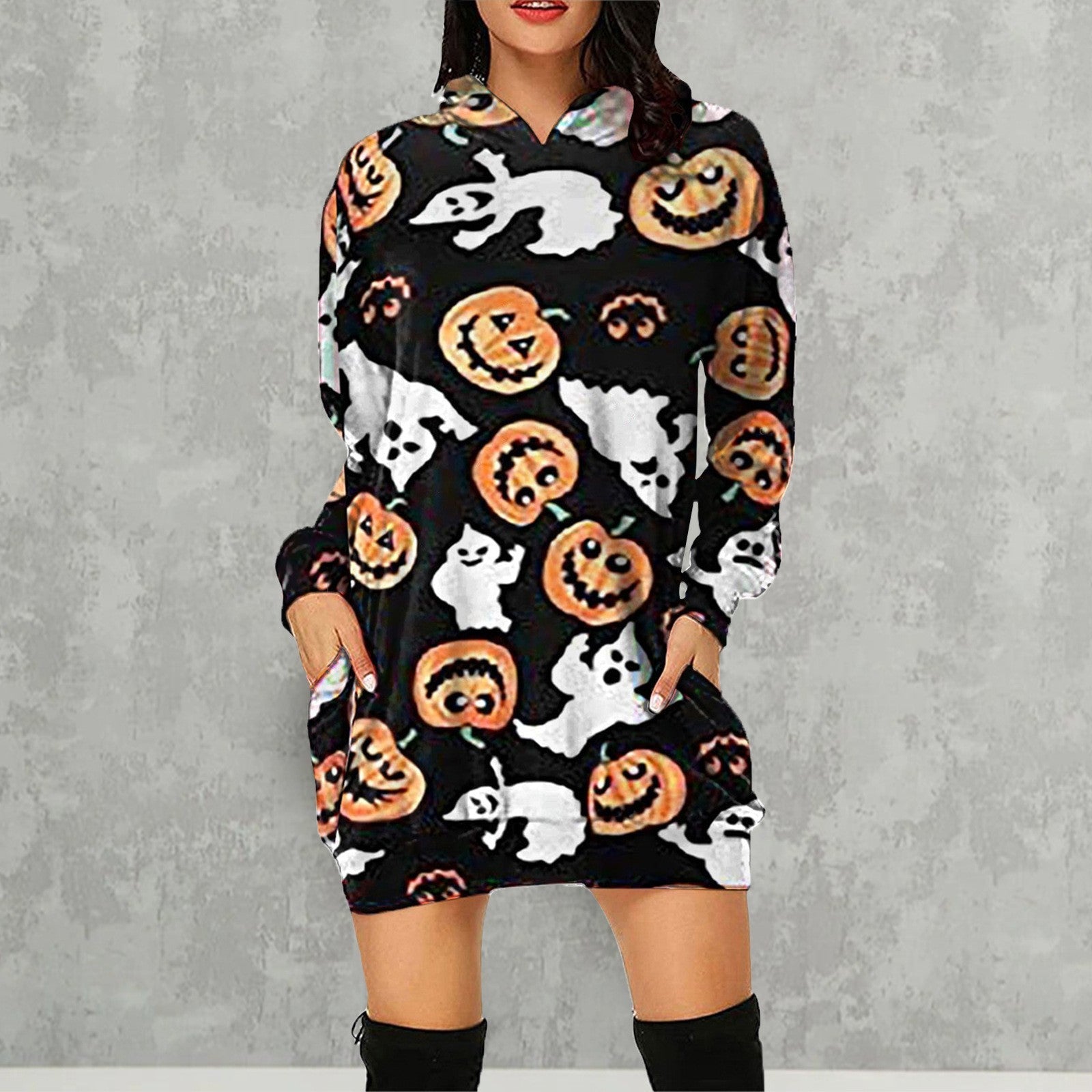 Halloween Pumpkin Design Long Sleeves Hoodies for Women-Black Grimace+Pumpkin-S-Free Shipping at meselling99