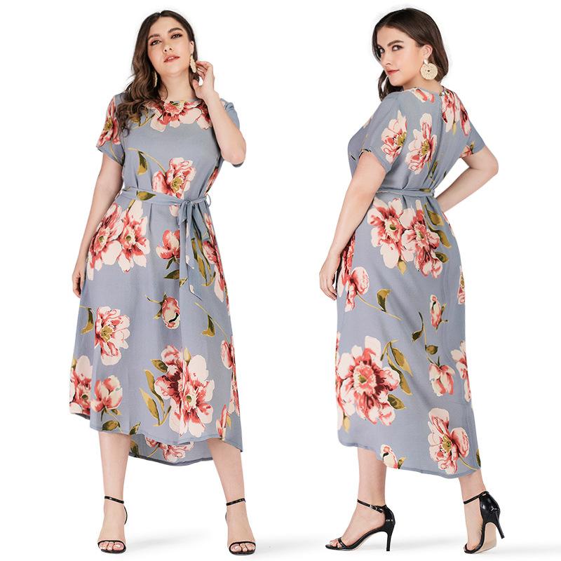 Women Plus Sizes Short Sleeves Foral Print Long Dresses-Plus Size Dresses-Gray-XL-Free Shipping at meselling99
