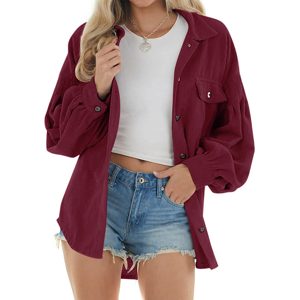Casual Corduroy Long Sleeves Fall Shirts-Outerwear-Wine Red-S-Free Shipping at meselling99