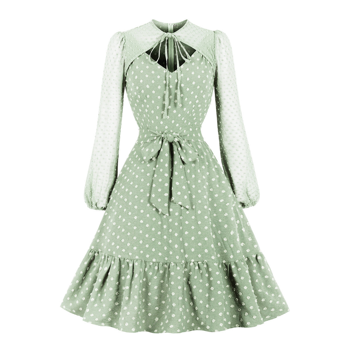 Elegant Tulle Ruffled Long Sleeves Dresses-Dresses-Light Green-S-Free Shipping at meselling99