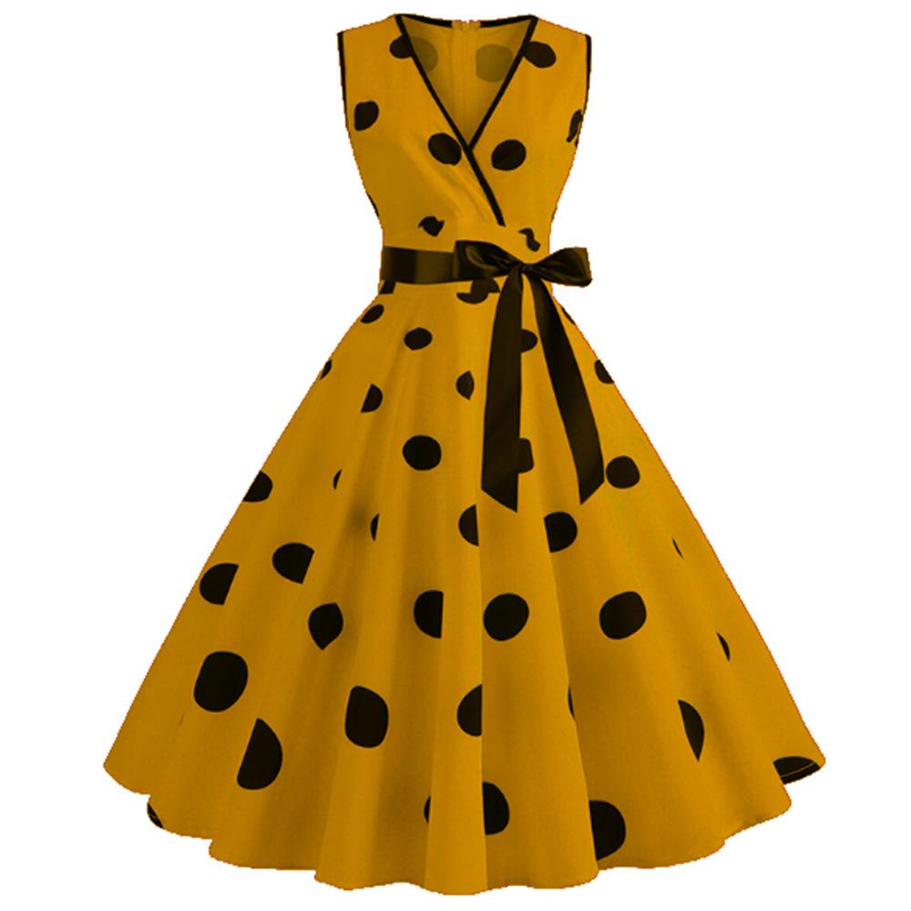 Casaul Sleeveless Dot Print Vintage Dresses-Dresses-Yellow-S-Free Shipping at meselling99