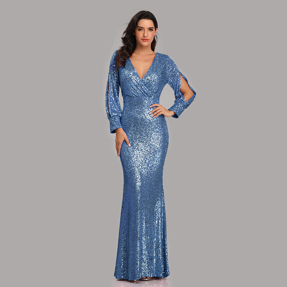 Sexy V Neck Sequined Mermaid Evening Dresses-Dresses-Blue-S-Free Shipping at meselling99