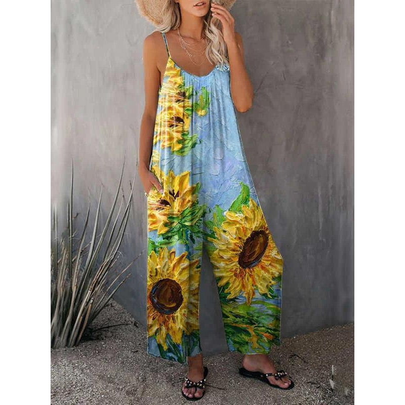 Lovely Fashion Sunflowers Spaghetti Straps Loose Jumpsuits-The same as picture-S-Free Shipping at meselling99