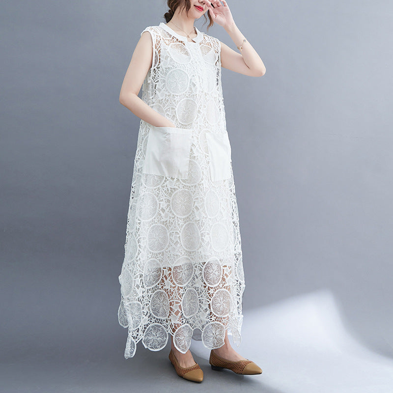 Vintage Lace Embroidery Sleeveless Two Pieces Dresses-Dresses-White-L-Free Shipping at meselling99