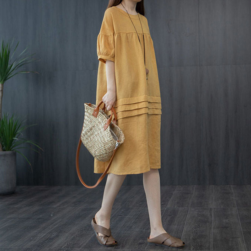Leisure Linen Summer Plus Sizes A Line Midi Dresses-Dresses-Yellow-M-Free Shipping at meselling99