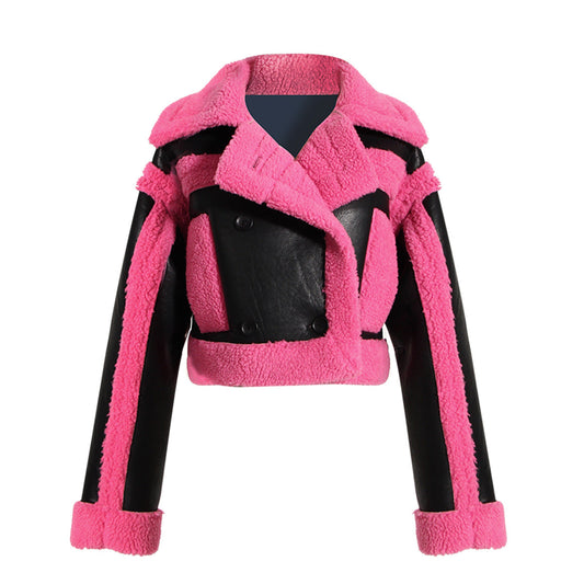 Designed Motorcycle Artificial Fur Jackets-Coats & Jackets-Rose Red-S-Free Shipping at meselling99