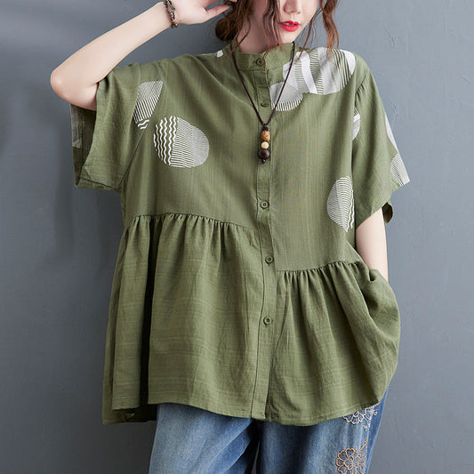 Casual Summer Dot Design Stand Collar Plus Sizes Shirts-Shirts & Tops-Green-One Size-Free Shipping at meselling99