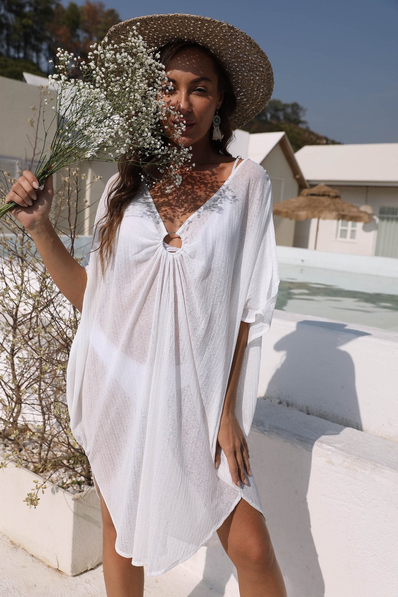 Summer Beach Loose White Cover Ups-White-One Size-Free Shipping at meselling99