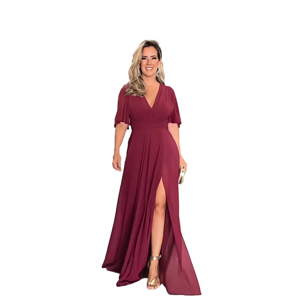 Fashion Chiffon V Neck Long Maxi Dresses-Dresses-Wine Red-S-Free Shipping at meselling99