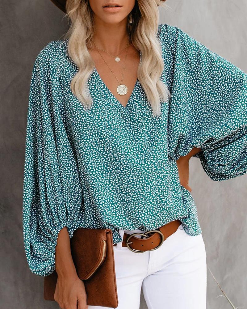 Women V Neck Shirts Blouses Tops-Green Flower-S-Free Shipping at meselling99