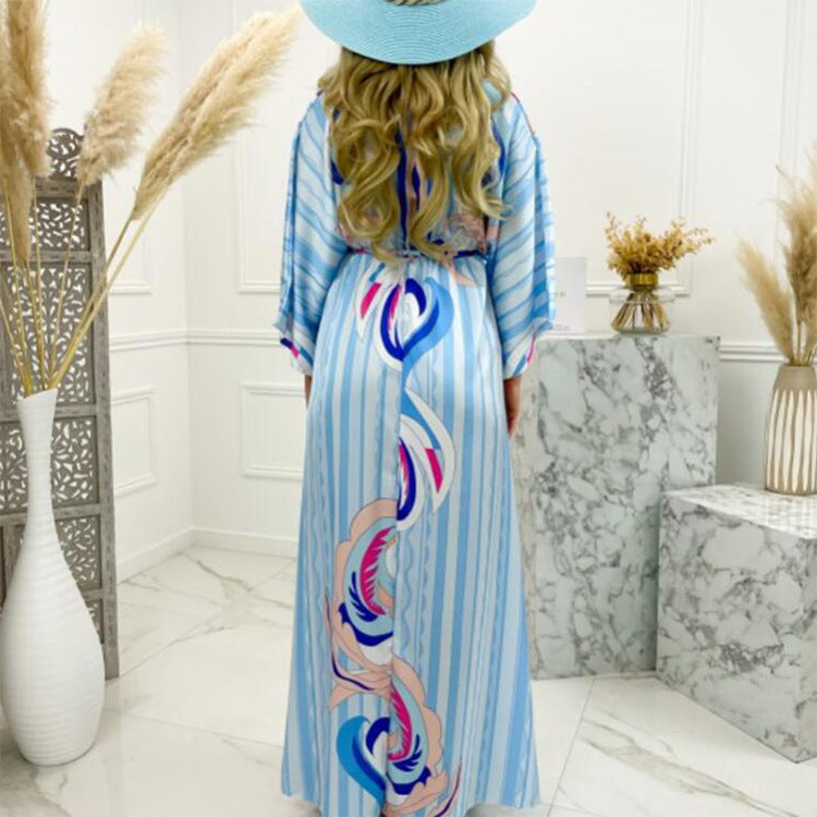 Women Floral Print Fall Long Dresse-Maxi Dresses-Light Blue-L-Free Shipping at meselling99