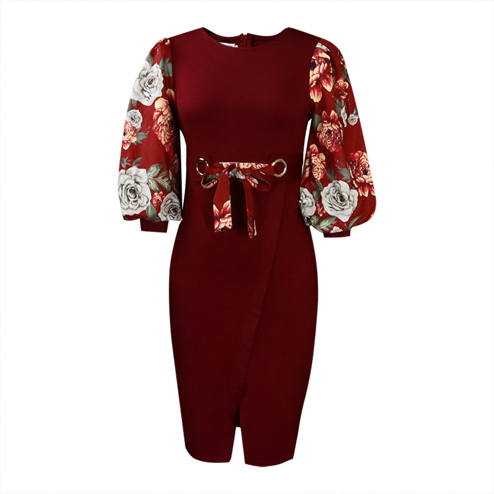 Classy Floral Print Plus Sizes Dresses for Women-Dresses-Wine Red-S-Free Shipping at meselling99